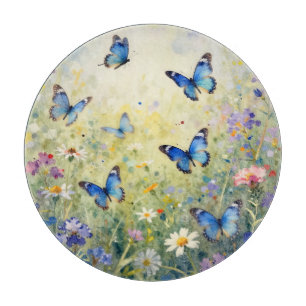 Blaue Schmetterlinge Aquarell Wildblumenwiese Schneidebrett
