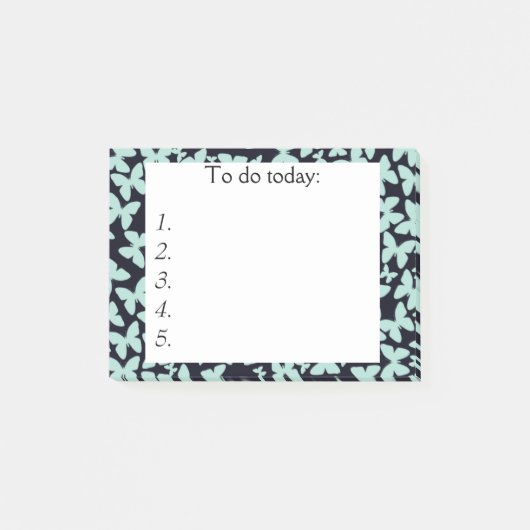 Blaue Schmetterlinge auf der schwarzen Post Notiz (Vorderseite)