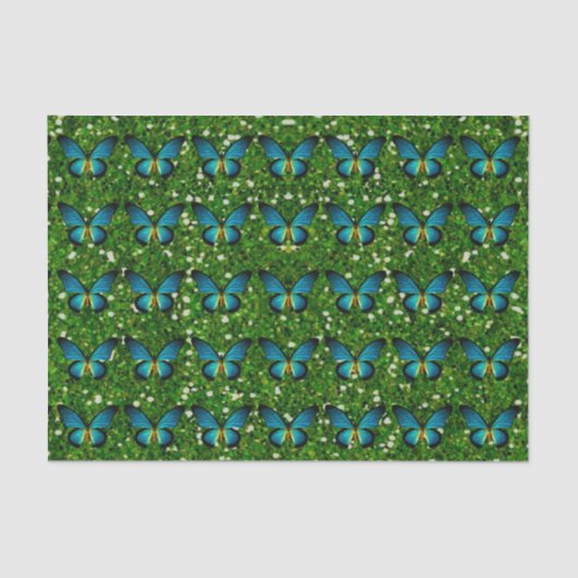 Blaue Schmetterlinge auf grünem Glitzer Seidenpapier (Vorderseite)