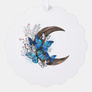 Blaue Schmetterlinge auf hölzernem Halbmond Ornament Karte