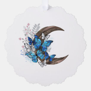 Blaue Schmetterlinge auf hölzernem Halbmond Ornament Karte