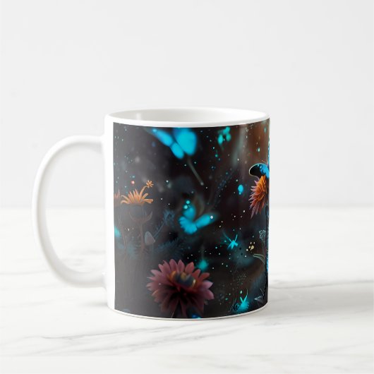 Blaue Schmetterlinge auf orangen Pflanze Kaffeetasse (Links)