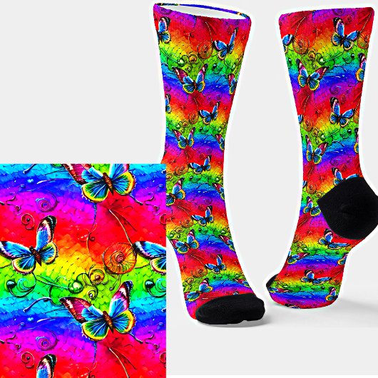 Blaue Schmetterlinge auf Regenbogen Socken