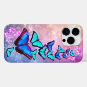Blaue Schmetterlinge auf rosa und lavander Blume iPhone Hülle (Rückseite (Horizontal))