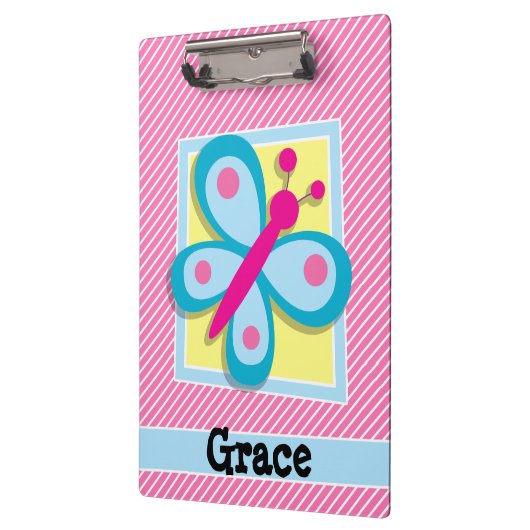 Blaue Schmetterlinge auf rosa und weiße Streifen Klemmbrett (Links)