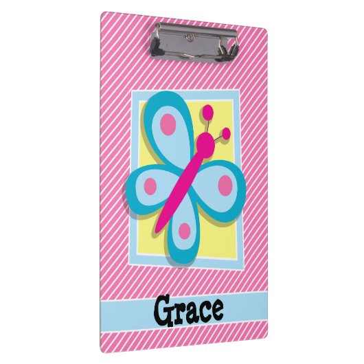 Blaue Schmetterlinge auf rosa und weiße Streifen Klemmbrett (Rechts)