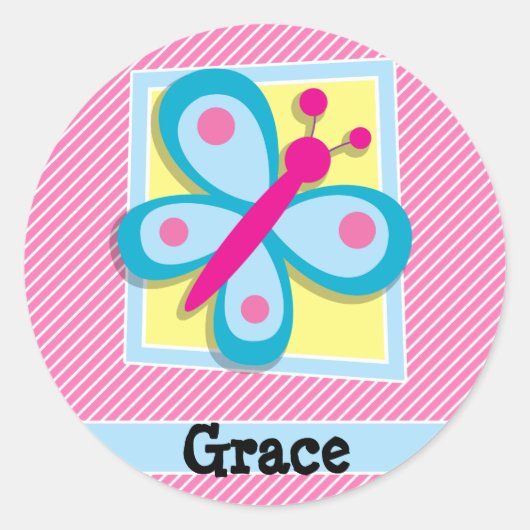 Blaue Schmetterlinge auf rosa und weiße Streifen Runder Aufkleber (Vorderseite)
