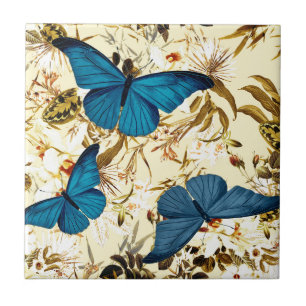 Blaue Schmetterlinge auf Vintage-Creme-Blumenmuste Fliese