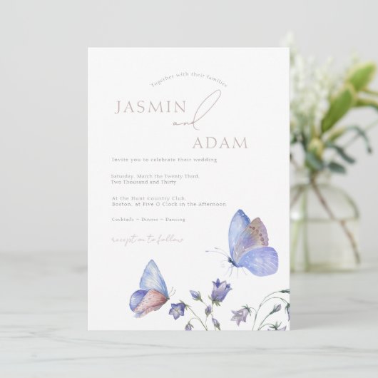 Blaue Schmetterlinge Einladung (Stehend Vorderseite)
