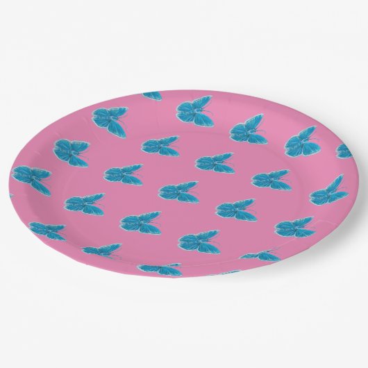 Blaue Schmetterlinge flatterndes Illustrationsmust Pappteller (Schrägansicht)