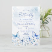 Blaue Schmetterlinge Geburtstagsparty Einladung (Stehend Vorderseite)