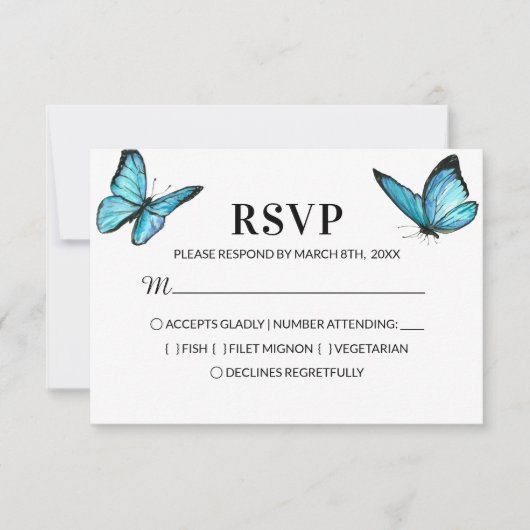 Blaue Schmetterlinge Hochzeit RSVP Karte (Vorderseite)