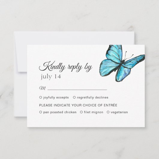 Blaue Schmetterlinge Hochzeit RSVP Karte (Vorderseite)