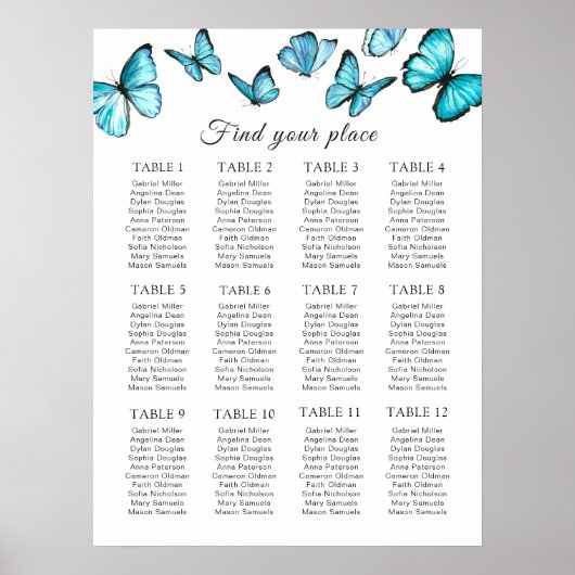 Blaue Schmetterlinge Hochzeitsstichtabelle Poster (Vorne)