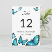 Blaue Schmetterlinge Hochzeitsstille Tischnummer (Stehend Vorderseite)
