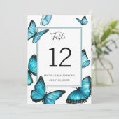 Blaue Schmetterlinge Hochzeitsstille Tischnummer (Stehend Vorderseite)