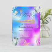 Blaue Schmetterlinge Holografischer Geburtstag Einladung (Stehend Vorderseite)