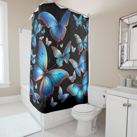 Blaue Schmetterlinge im Flug Duschvorhang (Beispiel)