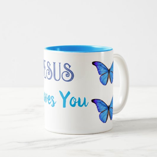 Blaue Schmetterlinge Jesus Lieben Sie Zweifarbige Tasse (VorderseiteRechts)