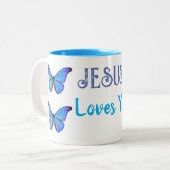 Blaue Schmetterlinge Jesus Lieben Sie Zweifarbige Tasse (Vorderseite Links)