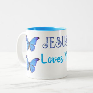 Blaue Schmetterlinge Jesus Lieben Sie Zweifarbige Tasse
