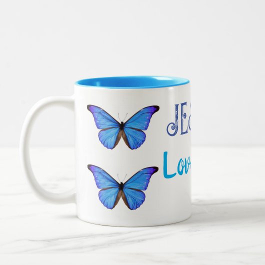 Blaue Schmetterlinge Jesus Lieben Sie Zweifarbige Tasse (Links)