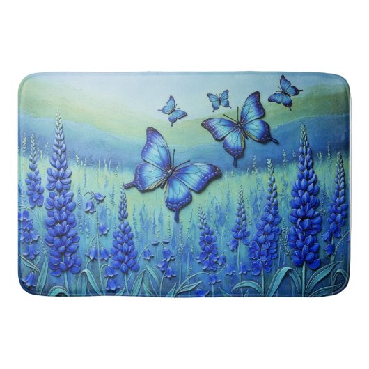 Blaue Schmetterlinge mit blauen Blumen, Badematte (Vorderseite)