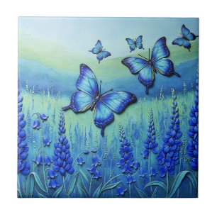 Blaue Schmetterlinge mit blauen Blumen, Fliese