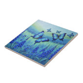 Blaue Schmetterlinge mit blauen Blumen, Fliese (Seite)