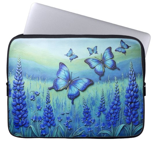 Blaue Schmetterlinge mit blauen Blumen, Laptopschutzhülle (Vorderseite)