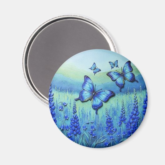 Blaue Schmetterlinge mit blauen Blumen, Magnet (Vorderseite/Rückseite)