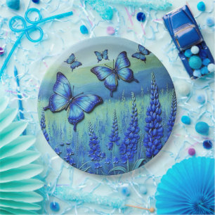 Blaue Schmetterlinge mit blauen Blumen, Pappteller