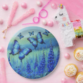 Blaue Schmetterlinge mit blauen Blumen, Pappteller (Party)