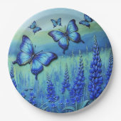 Blaue Schmetterlinge mit blauen Blumen, Pappteller (Vorderseite)