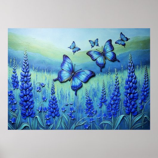 Blaue Schmetterlinge mit blauen Blumen, Poster (Vorne)
