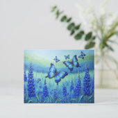 Blaue Schmetterlinge mit blauen Blumen, Postkarte (Stehend Vorderseite)