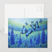 Blaue Schmetterlinge mit blauen Blumen, Postkarte (Vorne/Hinten)