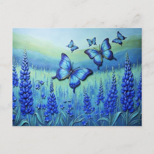 Blaue Schmetterlinge mit blauen Blumen, Postkarte (Vorderseite)