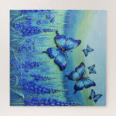 Blaue Schmetterlinge mit blauen Blumen, Puzzle (Horizontal)