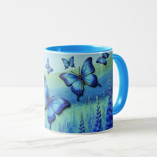 Blaue Schmetterlinge mit blauen Blumen, Tasse (VorderseiteRechts)