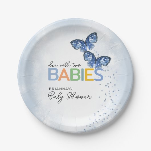 Blaue Schmetterlinge mit zwei Twins Baby Dusche Pappteller (Vorderseite)
