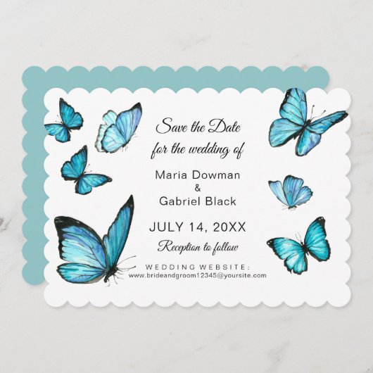 Blaue Schmetterlinge Modern Save the Date Einladung (Vorne/Hinten)