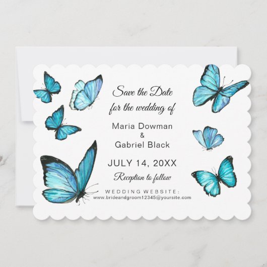 Blaue Schmetterlinge Modern Save the Date Einladung (Vorderseite)