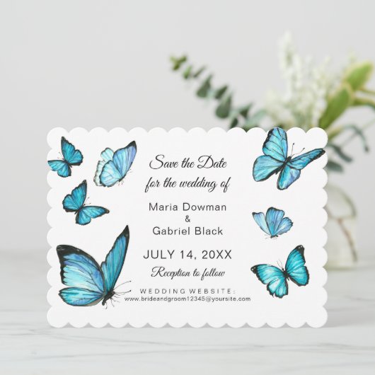 Blaue Schmetterlinge Modern Save the Date Einladung (Stehend Vorderseite)
