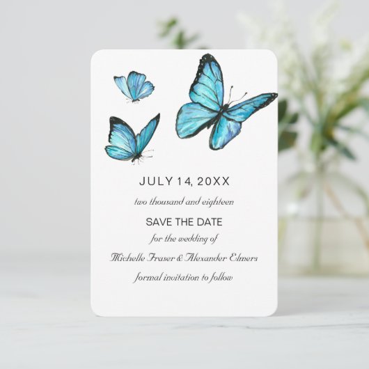 Blaue Schmetterlinge Modern Save the Date Einladung (Stehend Vorderseite)