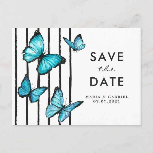 Blaue Schmetterlinge Modern Save the Date Einladungspostkarte (Vorderseite)