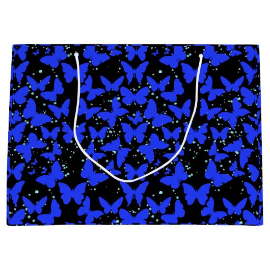 Blaue Schmetterlinge Muster C01.b Schwarze BG Große Geschenktüte (Vorderseite)