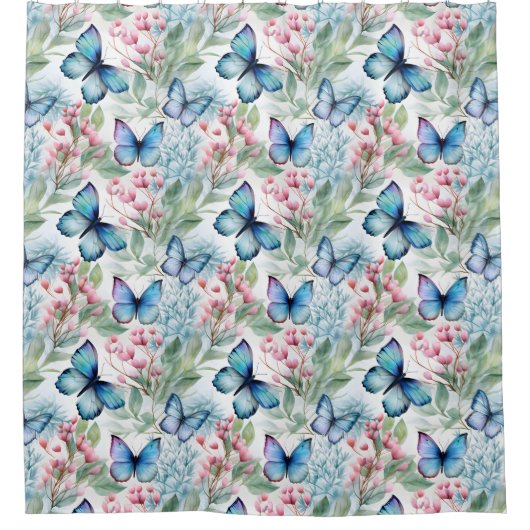 Blaue Schmetterlinge, rosa Blume, Duschvorhang (Vorderseite)