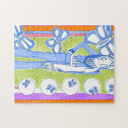 Blaue Schmetterlinge rund um das glamouröse Mädche Puzzle (Horizontal)