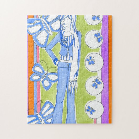 Blaue Schmetterlinge rund um das glamouröse Mädche Puzzle (Vertikal)